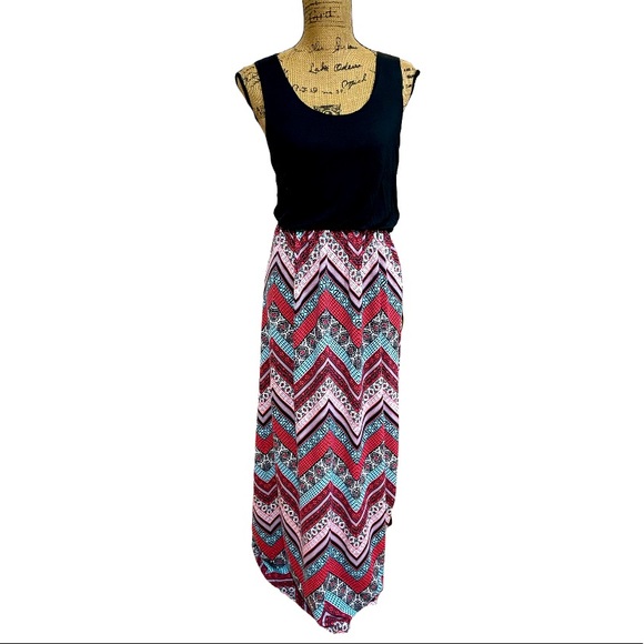 bobbie brooks Black, Pink and Blue Chevron Maxi Dress - Picture 1 of 7